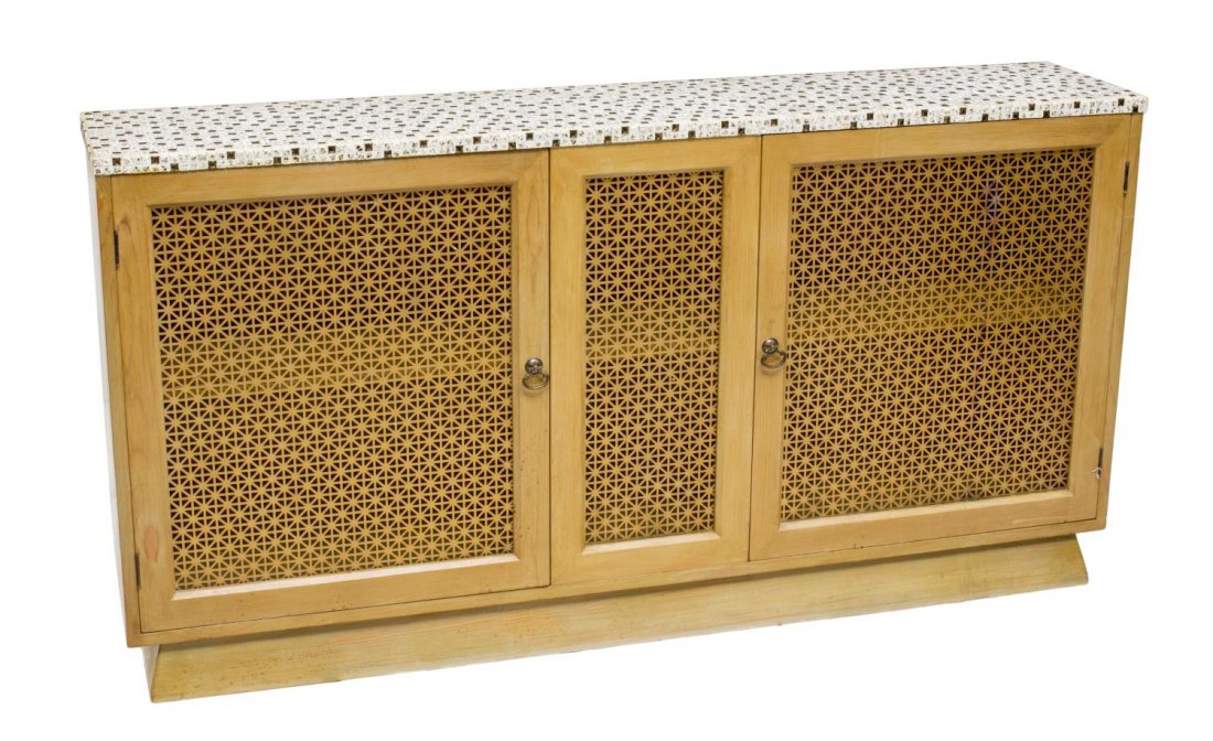 MID-CENTURY MODERN MICROTILE CONSOLE CABINET: Mid-Century modern console cabinet, rectangular form with polychrome micro tile top, over cabinet doors and center, all with inset openwork metal panels, a single shelf to the interior, one panel with