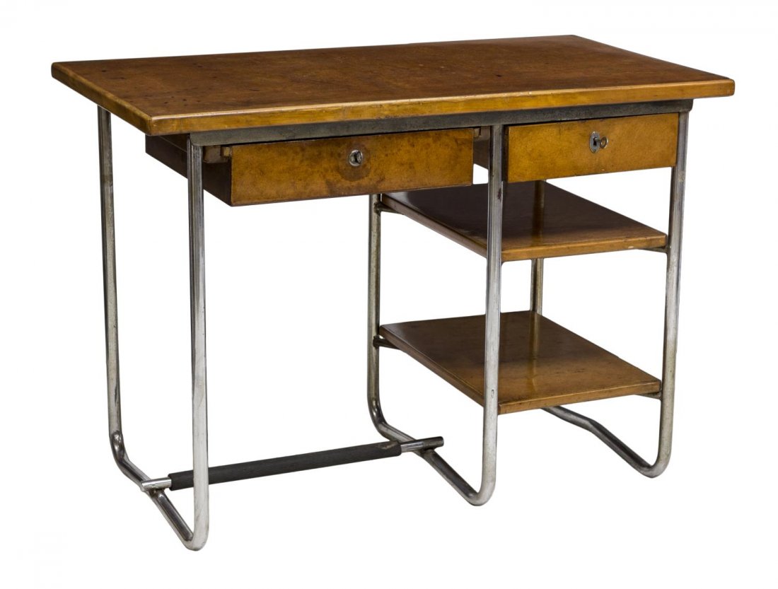 ITALIAN METAL & WOOD DESK, BY PAGANO POGATSHNIG: Italian wooden and metal desk, second quarter 20th c., design by Giuseppe Pagano (born Pogatshnig, Austro-Hungarian, 1896-1945), having a rectangular wooden top the over tubular metal base, two drawer