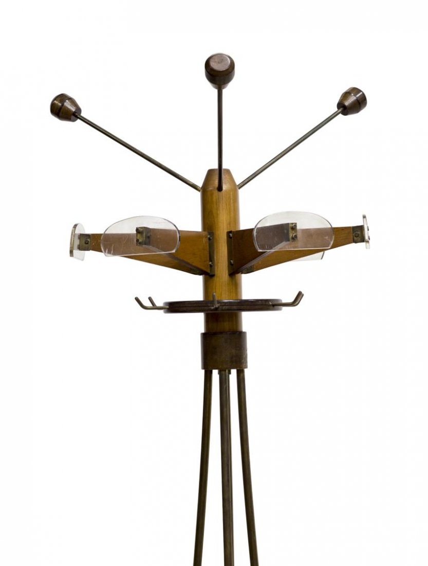 ITALIAN DESIGN MODERN WOOD, GLASS & METAL HALLTREE: Italian modern standing hall tree, 20th c., having an assortment of glass mounted wood and metal hooks for coats and hats, supported on four gilt metal legs, joined to quadripartite wood base on metal