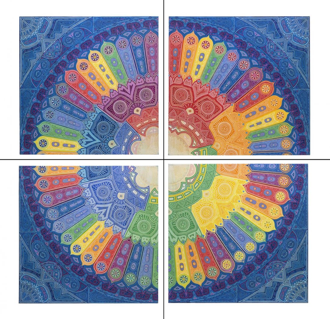 (4) WILLIAM KIRCHNER ABORIGINAL STYLE GEO PAINTING: (set of 4) Unframed acrylic on stretched canvas, pointillist dot Aboriginal style painting, Rainbow Circle, unsigned (William Kirchner, American 20th/21st c.), overall: 48.75"h, 48.75"w, 40lb *Note: O