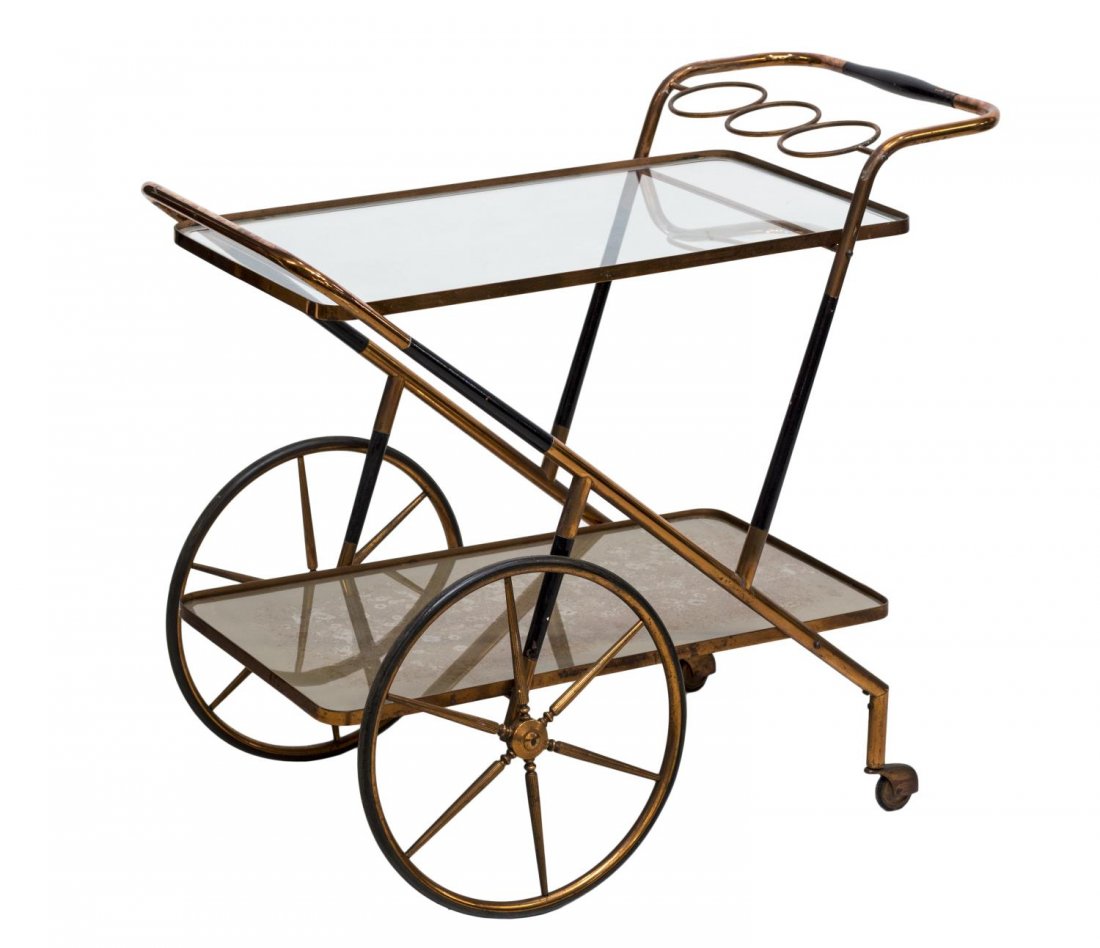 ITALIAN MID-CENTURY MODERN SERVICE TEA CART: Italian mid-century modern service cart, 1950's, the wood and copper frame enclosing two glass tiers, large spoked front wheels with rear castors, 29.5"h, 32.75"w, 18"d Start Price: $150.00