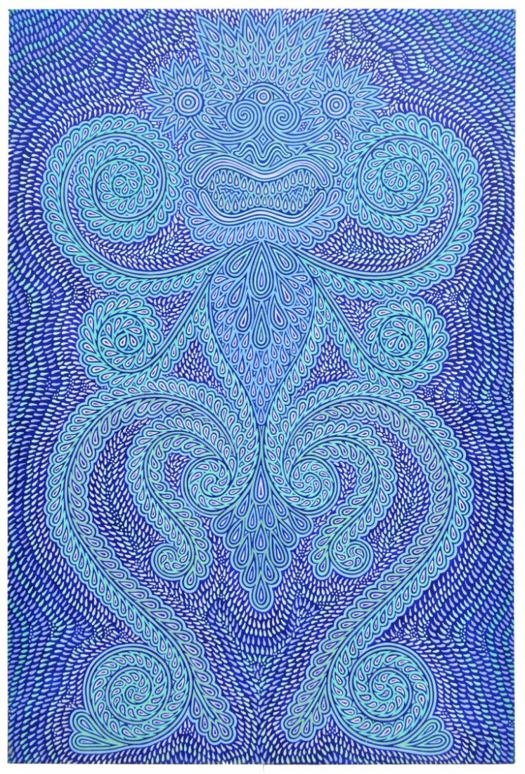 WILLIAM KIRCHNER ABORIGINAL STYLE PAINTING, FIGURE: Unframed acrylic on stretched canvas, pointillist dot Aboriginal style painting, Blue Figure, (Unnumbered, part of series), 1972, signed lower right W. Kirchner (William Kirchner, American 20th/21st c