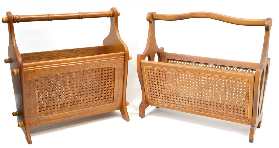 (2) ITALIAN MODERN WOOD & CANE MAGAZINE RACKS: (lot of 2) Italian modern cane and wood magazine stands, (1) having ring turned handle, solid end panels, joined to caned sides, 18"h, 17.5"l, 9"w, (1) with shaped handle, cut out ends and caned panel