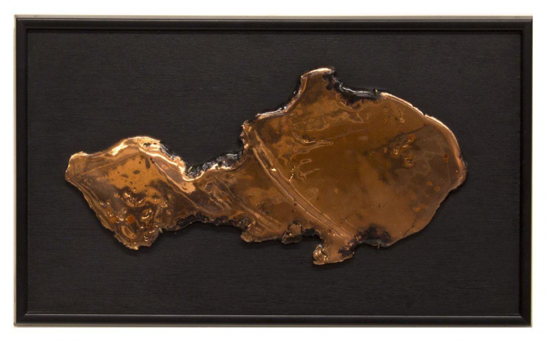 FRAMED ABSTRACT MODELED IN COPPER: Framed abstract modeled in copper, possibly depicting and an island, unsigned, : 7.5"h, 15"w, overall: 11.75"h, 19.25"w, 9.25lbs Start Price: $30.00