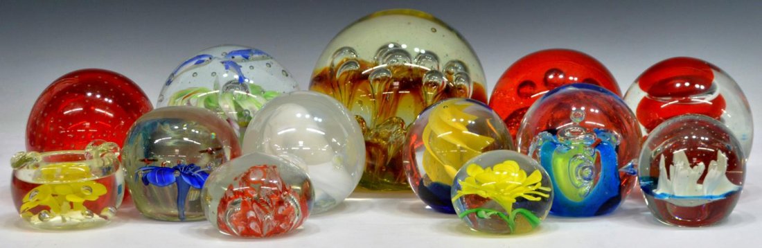 (13) COLLECTION OF ART GLASS PAPERWEIGHTS: (lot of 13) Collection of art glass paperweights, various size, shape and decorations, including suspended bubbles, swirls, flowers and fish, insects, one a small ashtray, etc., some with light surfac