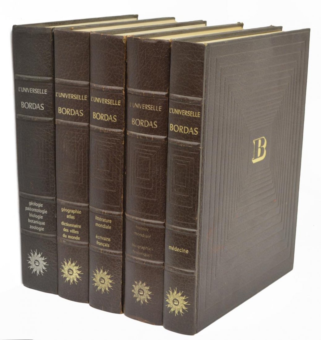 (5) FRENCH ENCYCLOPEDIA BOOKS BY BORDAS, 1973: (lot of 5) French encyclopedia books, published by Borda, 1973, hard bound in brown vinyl, 13"h, 10"w, 2.25"d, 36lbs Start Price: $30.00