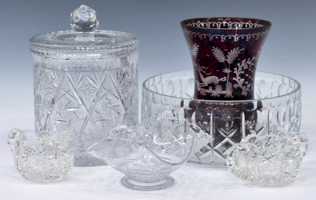 (6) BRILLIANT PERIOD, CUT & MOLDED GLASS TABLEWARE: (lot of 6) Collection of cut and molded glass table items including (1) large and heavy biscuit jar with lid, cut whirling hobstar motif, 9.5"h, (2) creamer and sugar, Brilliant period, hobstar motif,