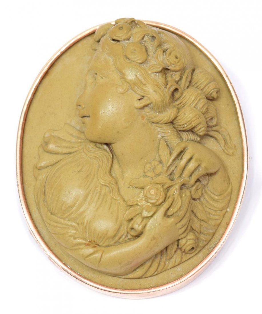 LADIES HIGH RELIEF CARVED LAVA & CAMEO BROOCH (1 of 3)
