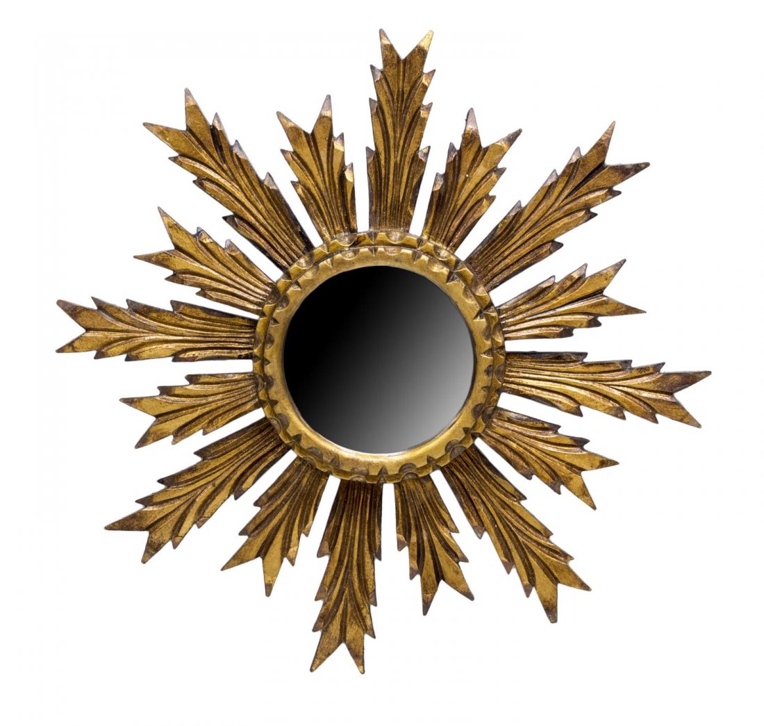 SPAIN CARVED GILTWOOD SUNBURST WALL MIRROR: Carved giltwood sunburst wall mirror, Spain, two tiers of rays emitting from a circular mirror plate, 22"w, 3lbs Start Price: $100.00