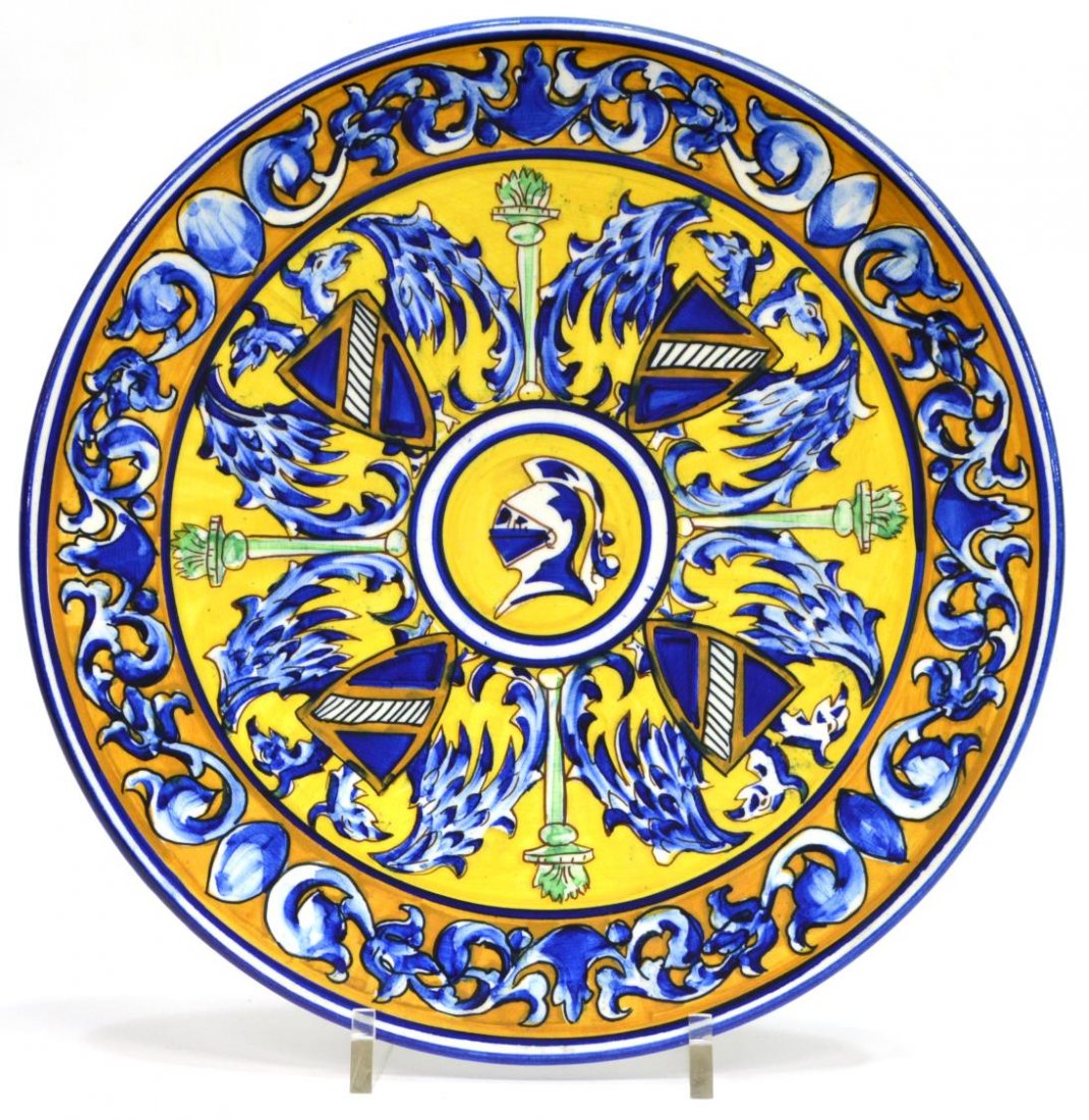 ANTIQUE SPAIN MAJOLICA EMBLAZONED WALL CHARGER (1 of 2)