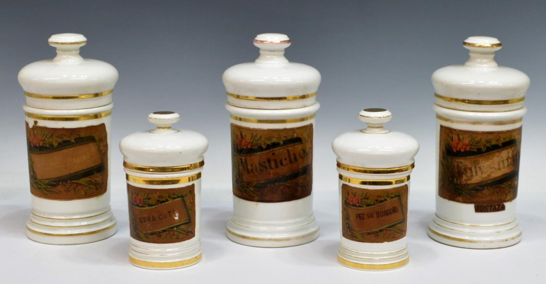(5) ANTIQUE SPAIN LIDDED PORCELAIN APOTHECARY JARS (1 of 2)