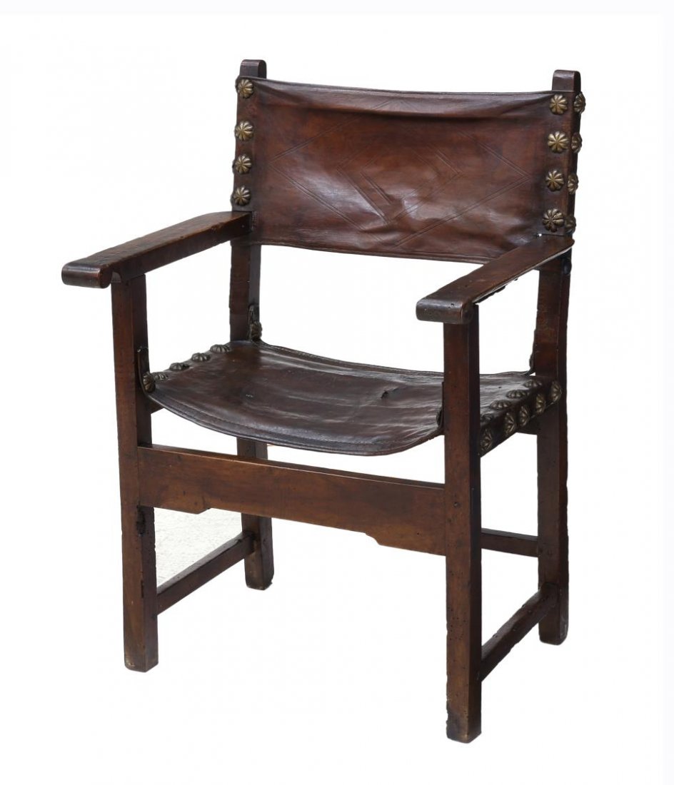 SPANISH BAROQUE STYLE LEATHER OPEN ARMCHAIR 18THC (1 of 3)