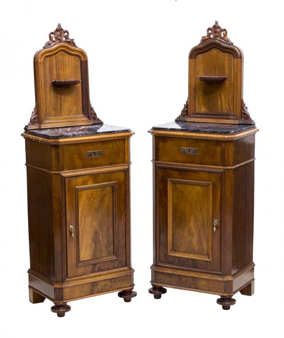 (2) VICTORIAN CARVED MARBLE TOP BEDSIDE CABINETS (1 of 3)
