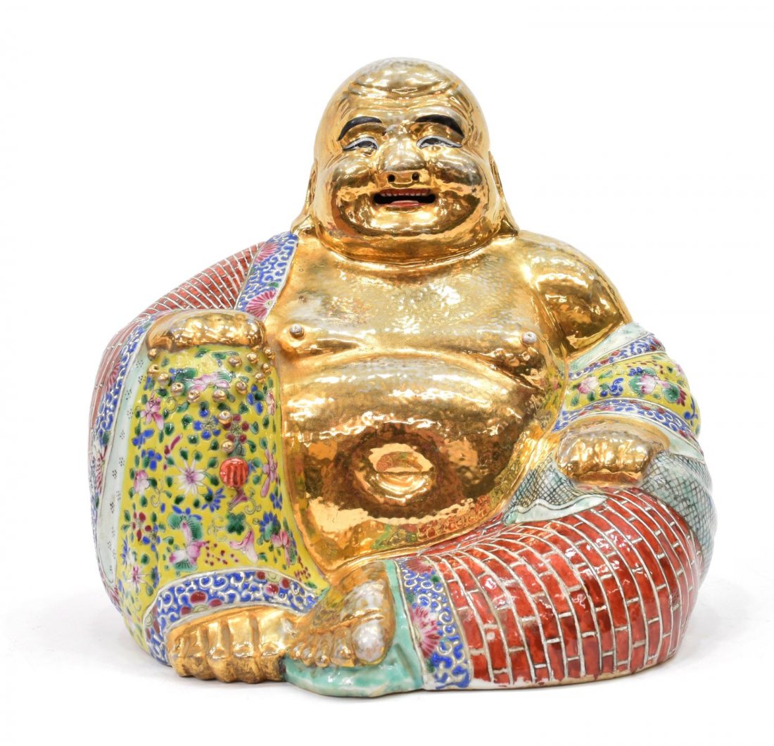 CHINESE GILT POLYCHROME SITTING BUDDHA CLAY STATUE (1 of 7)