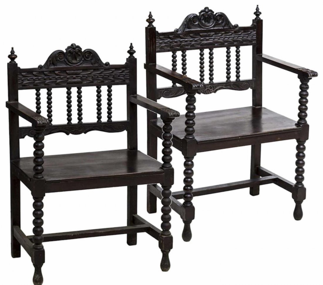 (2) SPANISH BAROQUE CARVED OPEN ARMCHAIRS, 19TH C (1 of 4)