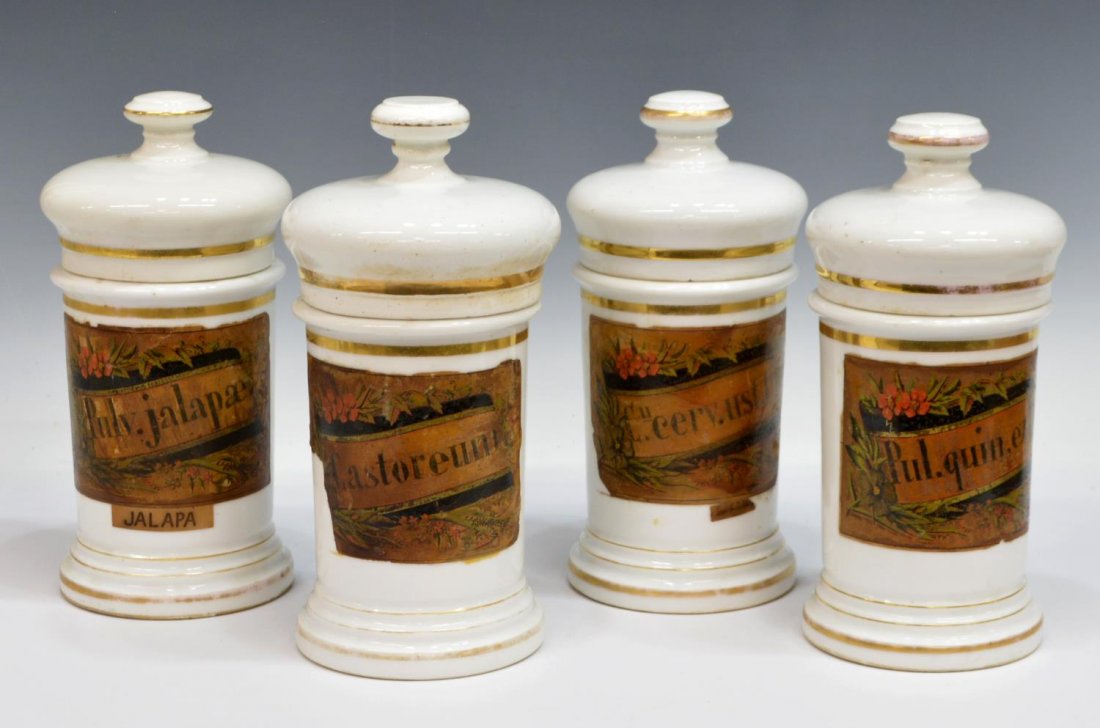 (4) ANTIQUE SPAIN LIDDED PORCELAIN APOTHECARY JARS (1 of 2)