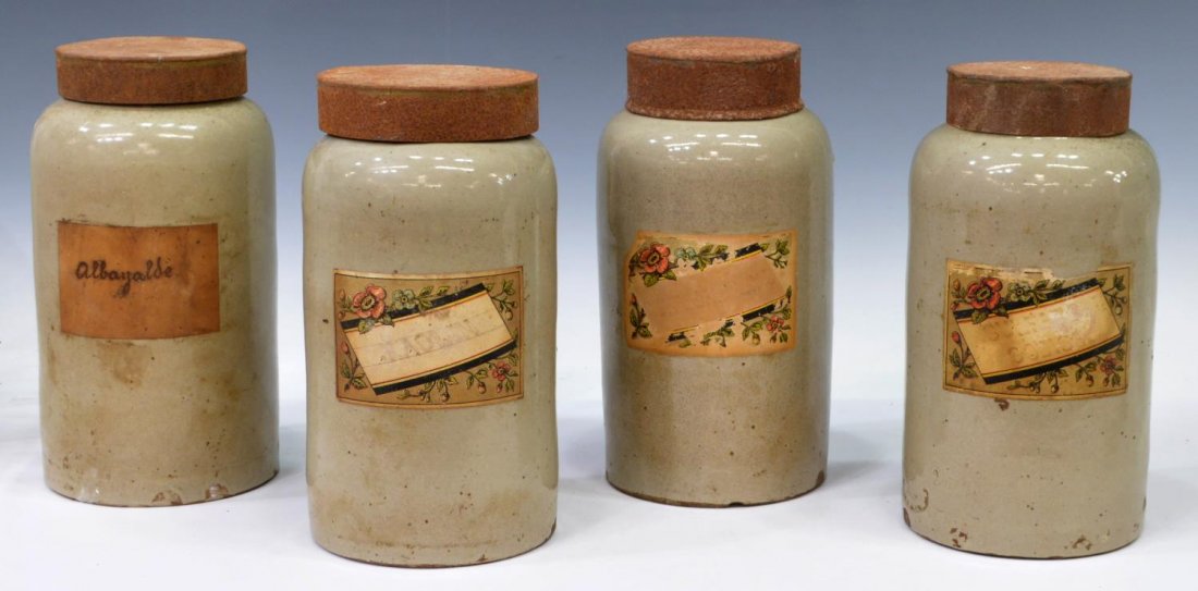 (4) ANTIQUE CONTINENTAL STONEWARE APOTHECARY JARS (1 of 2)