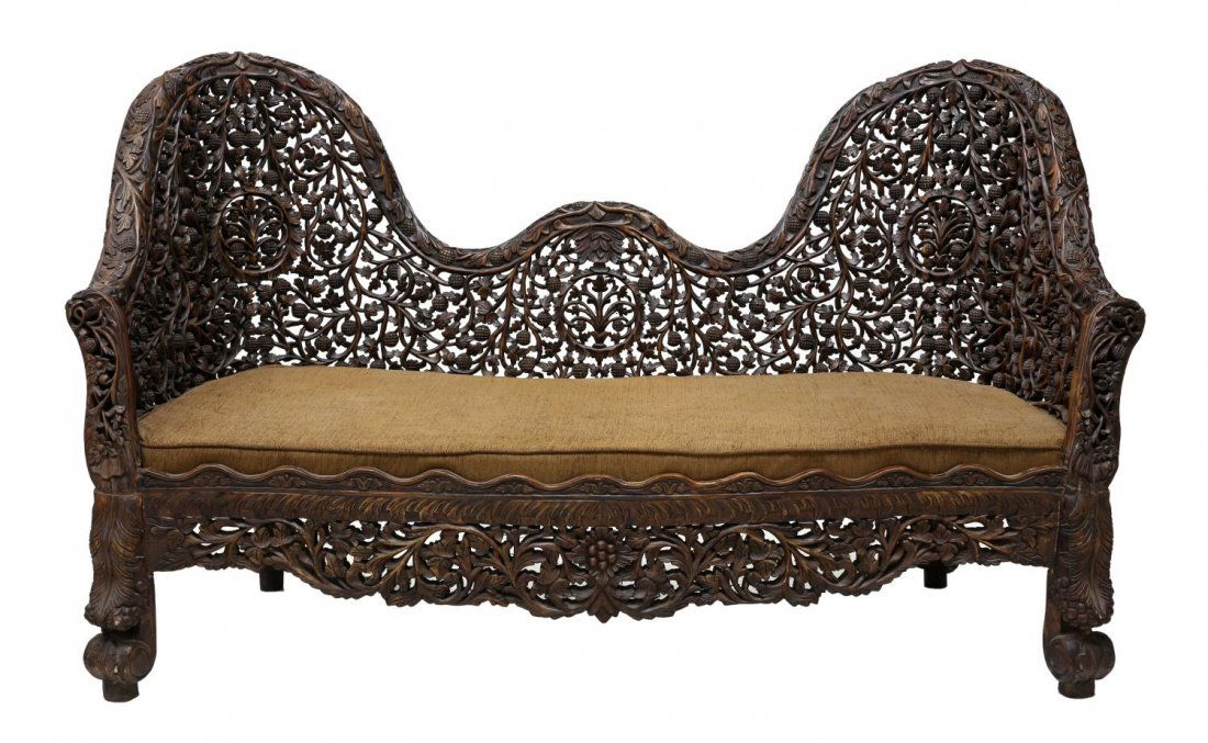HIGHLY CARVED ANGLO-INDIAN TEAKWOOD SOFA (1 of 3)