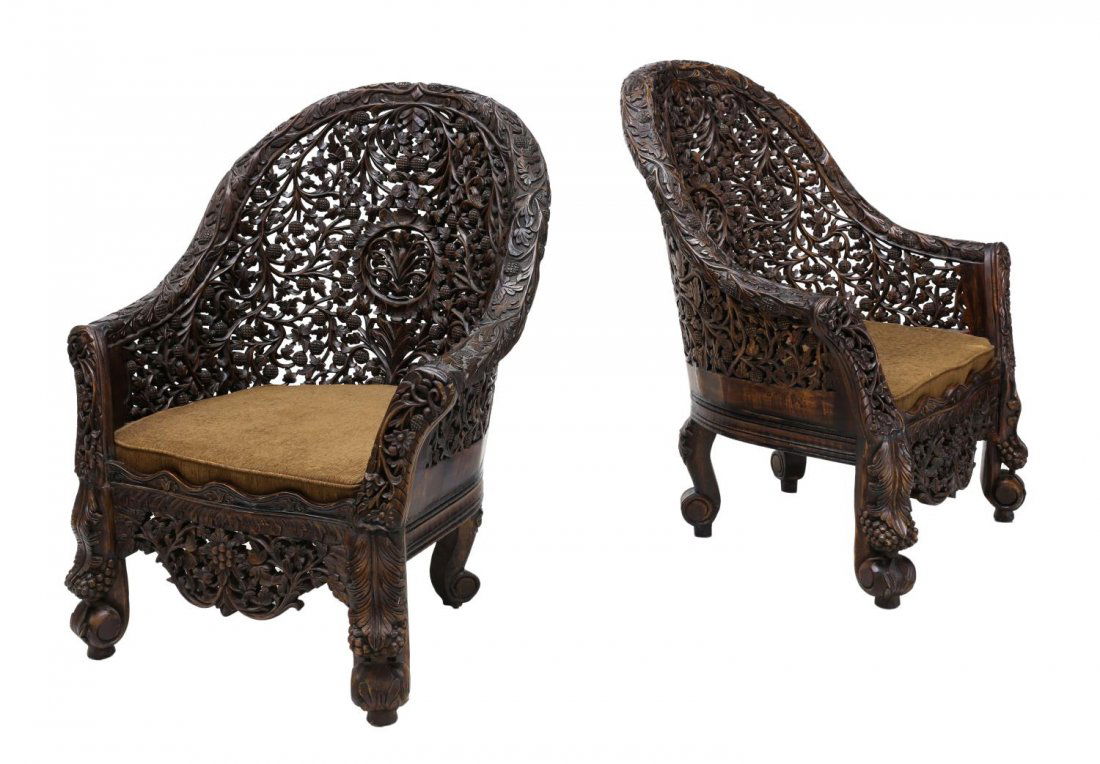 (2) HIGHLY CARVED ANGLO-INDIAN TEAKWOOD ARM CHAIRS (1 of 5)