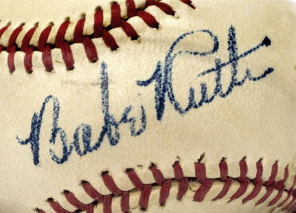 BABE RUTH SIGNED BASEBALL, SPENCE, PSA/DNA GRADE 7: Babe Ruth one owner autographed baseball, signed at Dallas, Texas, July 9, 1947 (one year before Ruth died) for our consignor who has written the accompanying letter: "My Babe-Ruth-Bob Feller Baseball