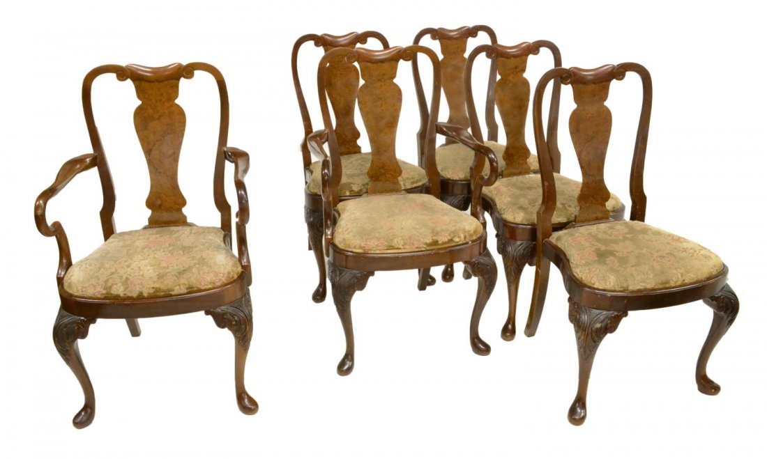 (6) ENGLISH QUEEN ANNE STYLE BURLED DINING CHAIRS (1 of 3)