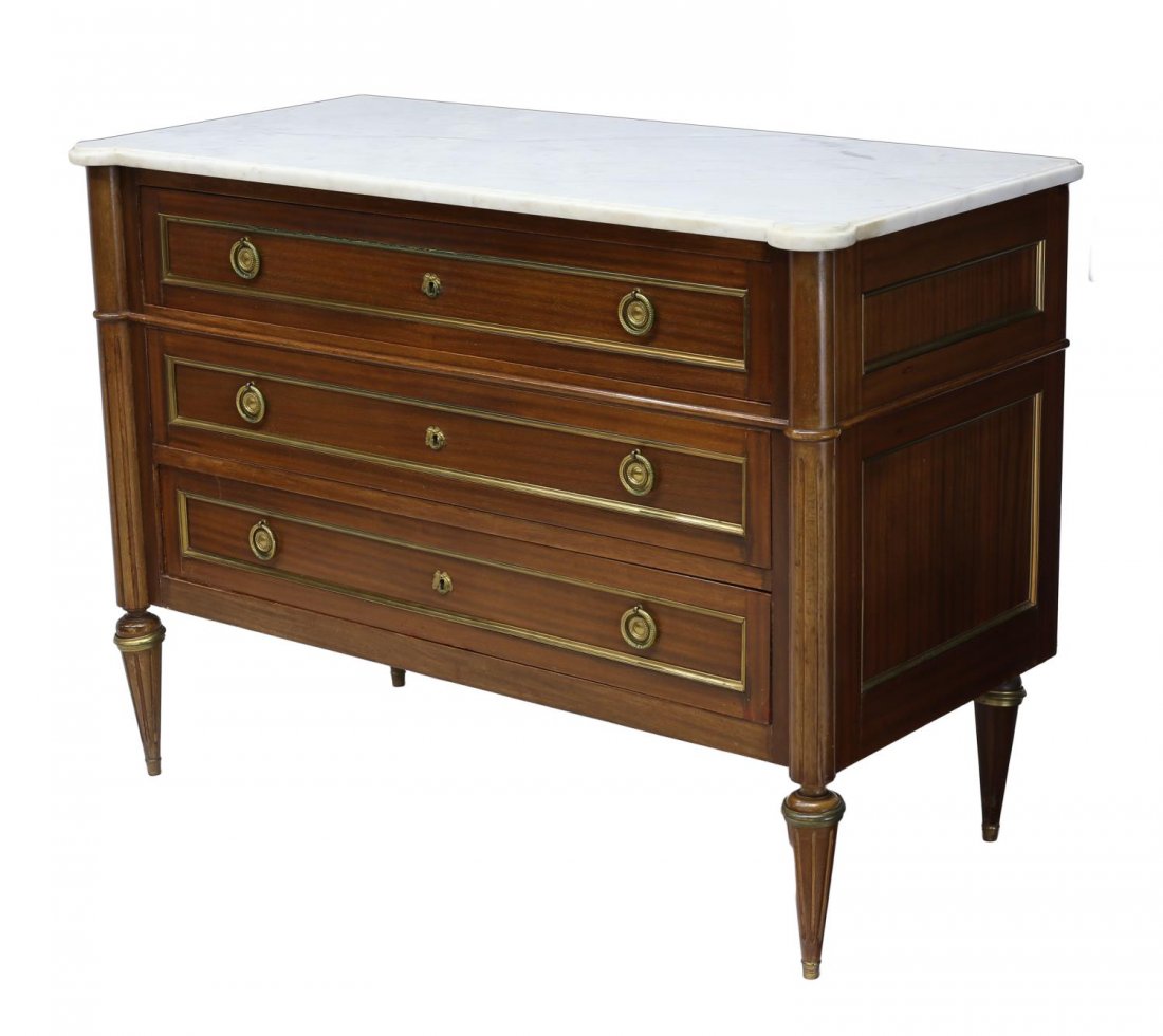 FRENCH LOUIS XVI MARBLE TOP COMMODE, 19TH C (1 of 3)