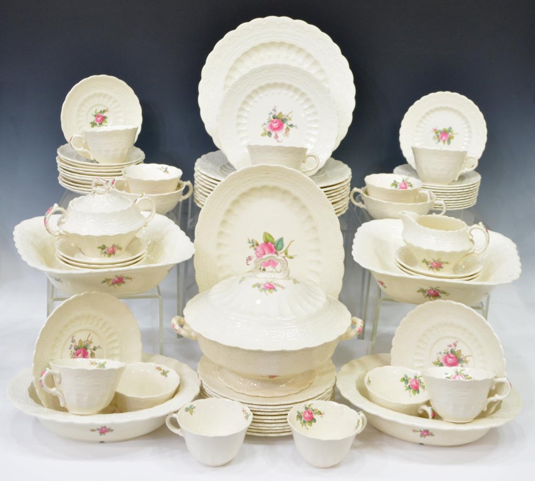 COPELAND SPODES JEWEL BILLINGSLY ROSE DINNER SET: (set of 74) Spodes Jewel "Billingsly Rose" porcelain dinner service, Pat 1926, comprising: (12) dinner plates, 10.5"diam; (11) salad plates, 7.75"diam; (11) bread plates, 6.25"diam; (6) berry bowls, 5