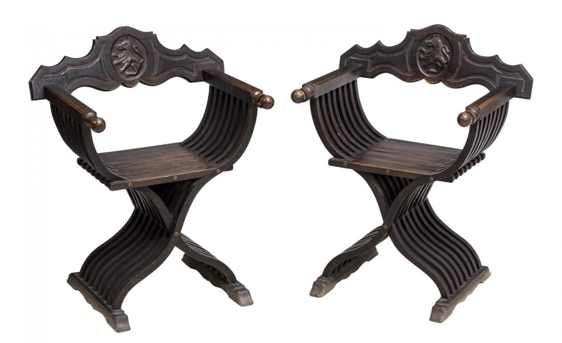 (2) SPANISH BAROQUE STYLE CARVED CURULE CHAIRS (1 of 3)