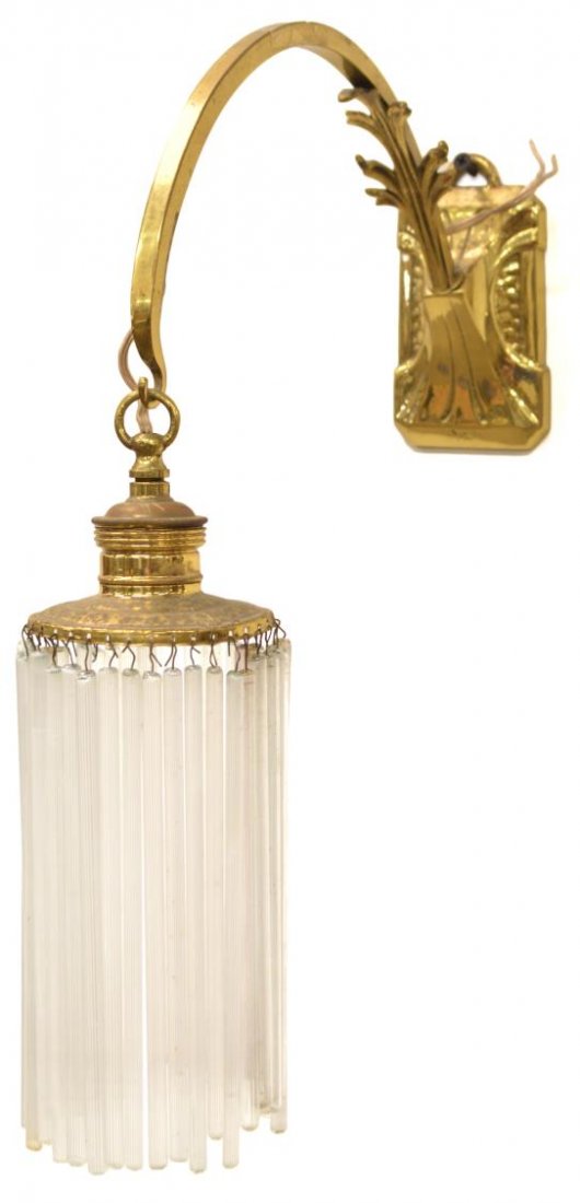 ART NOUVEAU GILT METAL & GLASS STRAW WALL SCONCE: Art Nouveau gilt metal wall sconce, hung with a single light, concealed by glass straws, in need of wiring, approx 11.75"d, 3.75lbs Start Price: $60.00