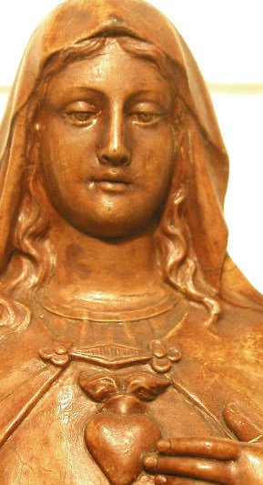 ANTIQUE RELIGIOUS STATUE SPAIN 21": An antique religious statue found in Olot, Spain. Made and stored by The Religious Arts Company, in business from the late 19th century till ca. 1960. Statues are finished in paint over gesso. Glass e