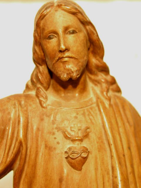 ANTIQUE RELIGIOUS STATUE SPAIN 20": An antique religious statue found in Olot, Spain. Made and stored by The Religious Arts Company, in business from the late 19th century till ca. 1960. Statues are finished in paint over gesso. Glass e