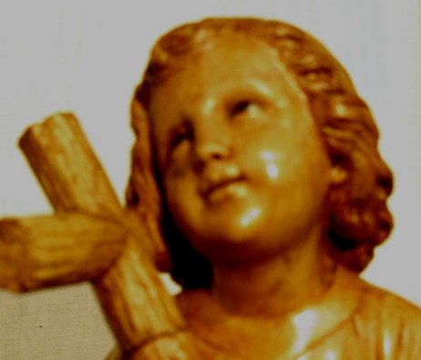 ANTIQUE RELIGIOUS STATUE SPAIN 21": An antique religious statue found in Olot, Spain. Made and stored by The Religious Arts Company, in business from the late 19th century till ca. 1960. Statues are finished in paint over gesso. Wood an