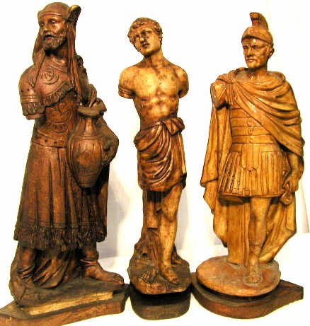 THREE ANTIQUE RELIGIOUS STATUES SPAIN: Three antique religious statues found in Olot, Spain. Made and stored by The Religious Arts Company, in business from the late 19th century till ca. 1960. Statues are finished in paint over gesso. All