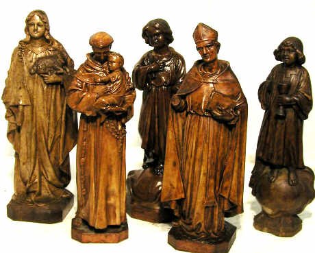 FIVE ANTIQUE RELIGIOUS STATUES SPAIN: Five antique religious statues found in Olot, Spain. Made and stored by The Religious Arts Company, in business from the late 19th century till ca. 1960. Statues are finished in paint over gesso. One