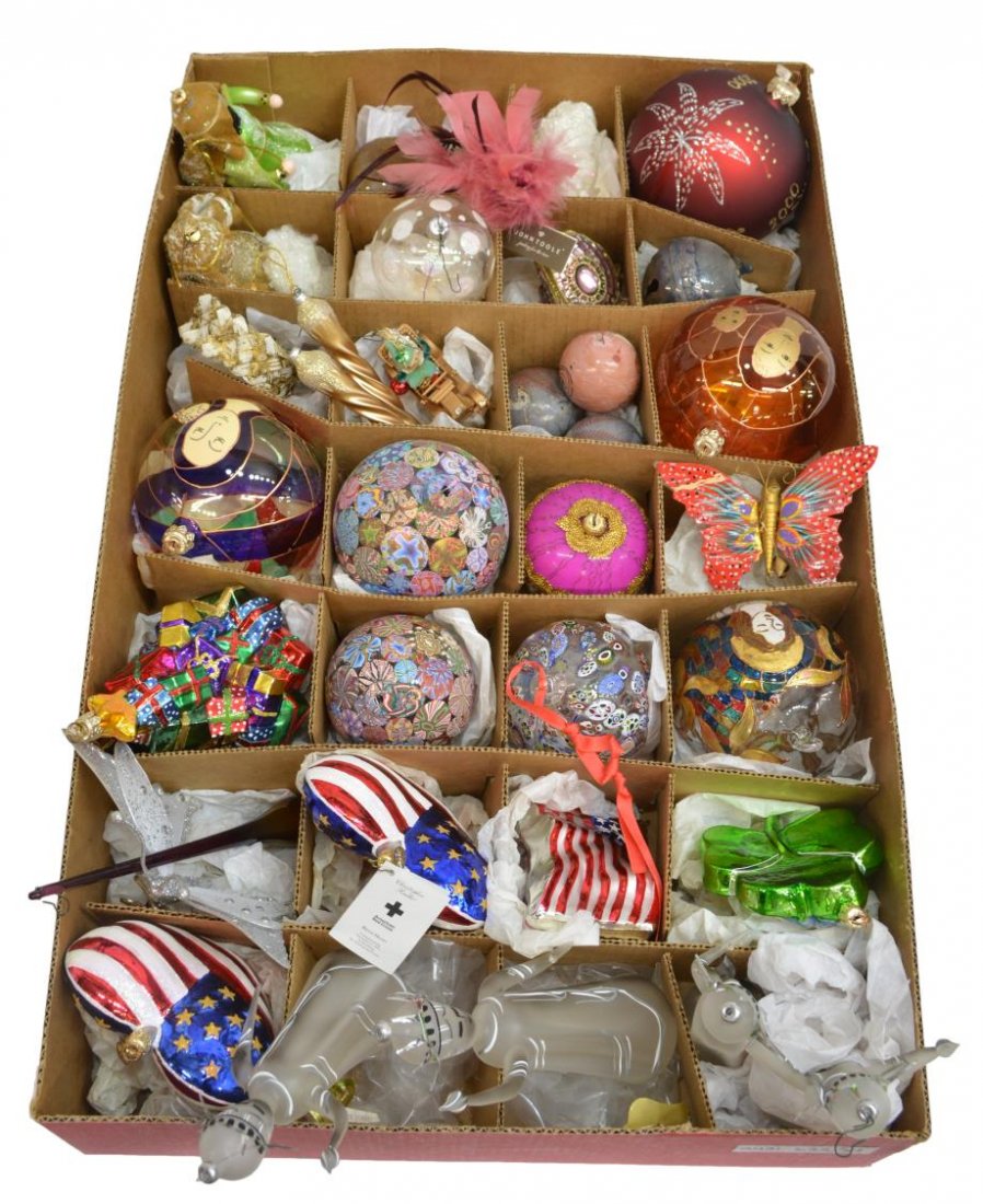(34) CHRISTOPHER RADKO & OTHER CHRISTMAS ORNAMENTS: (lot of 34) Huge collection of vintage and newer Christmas ornaments, assorted makers including Christopher Radko examples, highlights include Radko American flag hearts, flag and clover, Kurt S. Adle