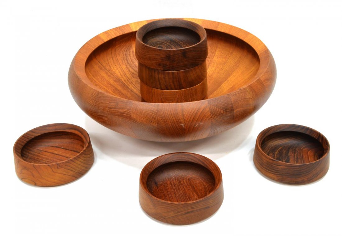 (8) IHQ DANSK MID-CENTURY TEAKWOOD SALAD SERVICE: (lot of 8) Danish mid-century modern teakwood master salad bowl and (7) service bowls, all bearing IHQ mark, design by Jens Harald Quistgaard (1919-2008) for Dansk, bowls slightly vary in size and woo