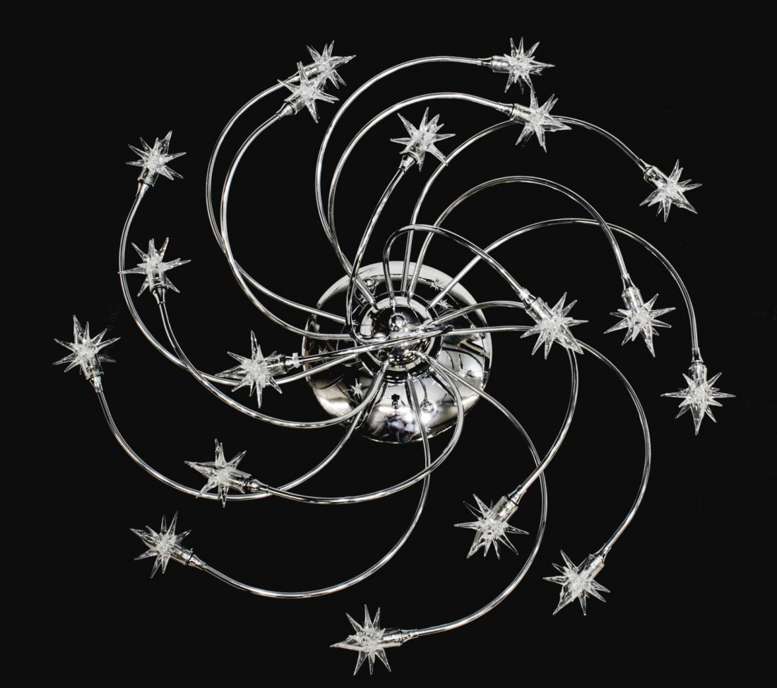 MODERN POSSINI GALAXY 18 LIGHT CHROME CHANDELIER: Possini Euro Design Galaxy chrome ceiling mount chandelier having eighteen swirling arms with 20 watt halogen bulbs, 14"h, 28"diameter Start Price: $100.00