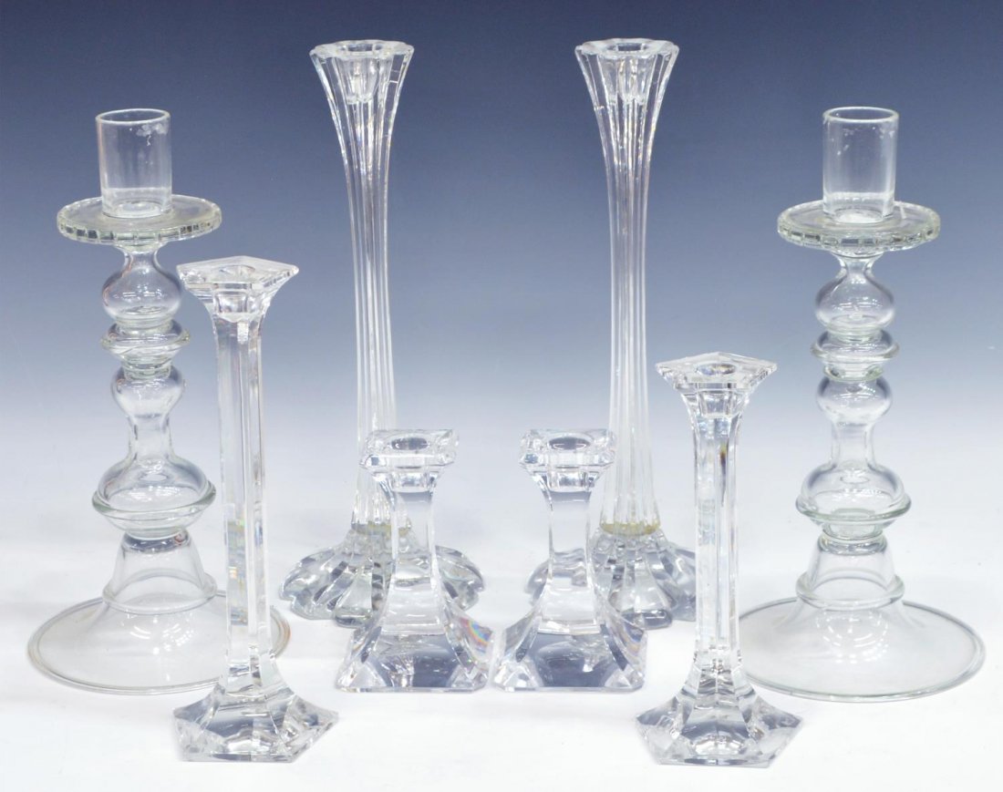 (8) ORREFORS & OTHER CRYSTAL CANDLE HOLDERS: (lot of 8) Collection of crystal candlesticks in pairs: (pair) tall sticks, reeded stem, makers mark as pictured, 13"h; (pair) graduated sticks, makers mark as pictured, largest: 10"h; (pair) short pa