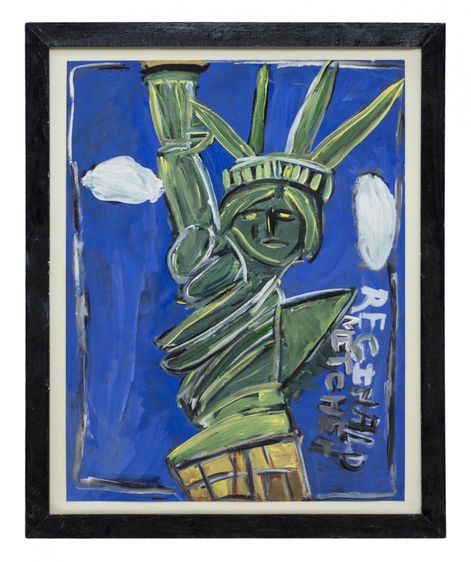 REGINALD MITCHELL (LOUISIANA B. 1959) OIL ON PAPER: Framed oil on paper, Statue of Liberty, signed lower right Reginald Mitchell (Louisiana, b. 1959), paper: 28.5"h, 21.75"w, overall: 33.5"h, 26.75"w, 15lbs *Provenance: The estate of Ferris and Jeanett