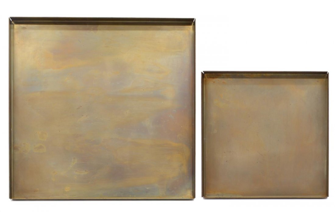 (2) MARTHA STURDY (CANADIAN 20TH C) BRASS TRAYS: (lot of 2) Brass trays by Martha Sturdy (Canadian 20th c.), smallest: 12"sq; largest: 18"sq; 8lbs *Provenance: The estate of Ferris and Jeanette Nassour owners of the iconic store, "The Cadeau", locat