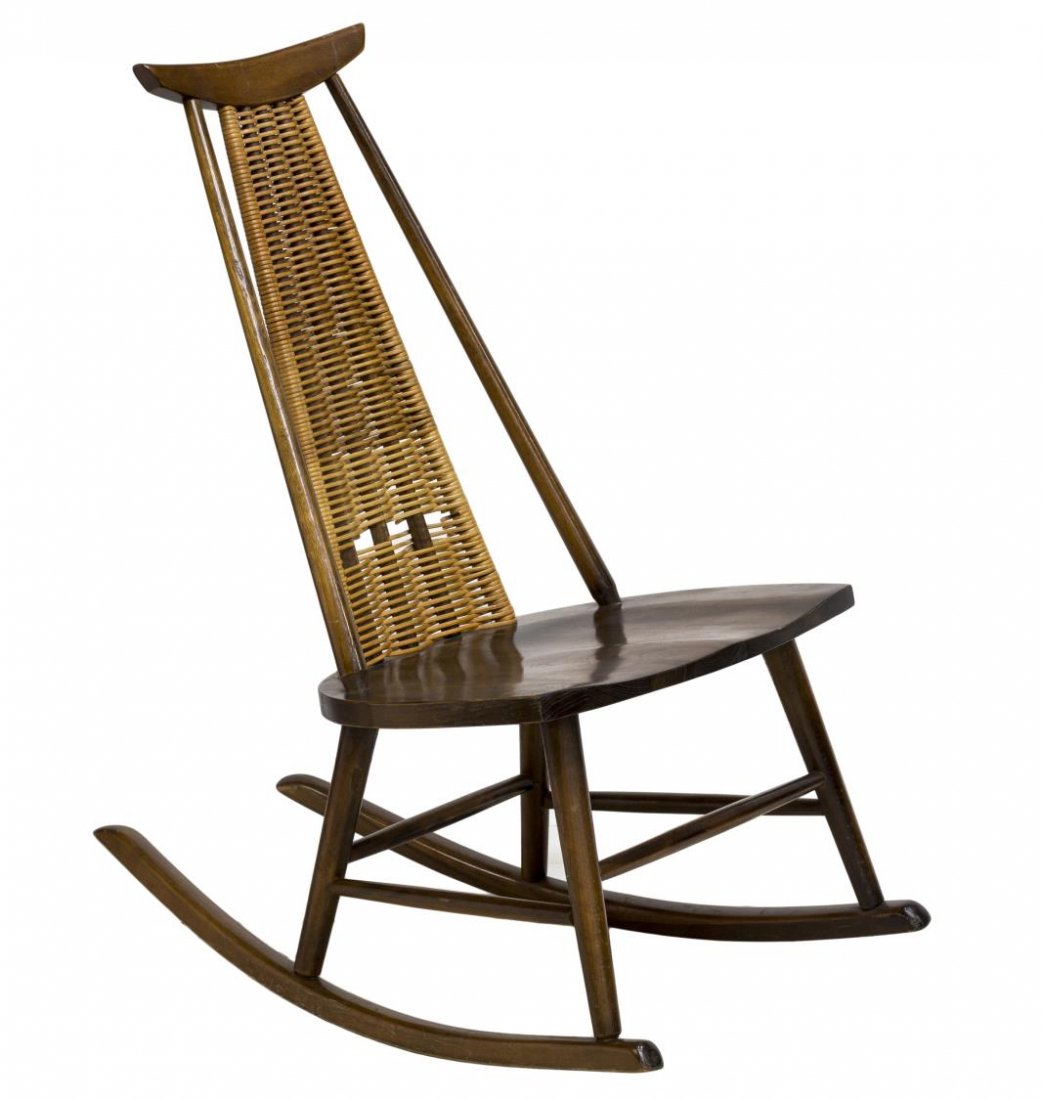 BOYUER SCOTT MID CENTURY MODERN ROCKER: Mid-century modern rocking chair, by Boyuer Scott, distributed by Raymor, NYC, c. 1960, the short crest over a spindle backrest with rush detail, over a wide seat, rising on rocking feet with joined s