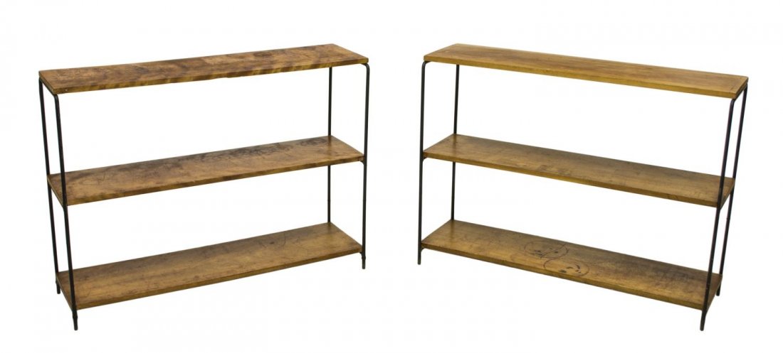 (2) MID CENTURY MODERN PAUL MCCOBB BOOKSHELVES: (pair) Mid-century modern bookshelves, in the style of Paul McCobb, 1960s, having three wooden shelves on wrought iron supports, 33.5"h, 44.25"w, 13"d *Provenance: The estate of Ferris and Jeanette Na