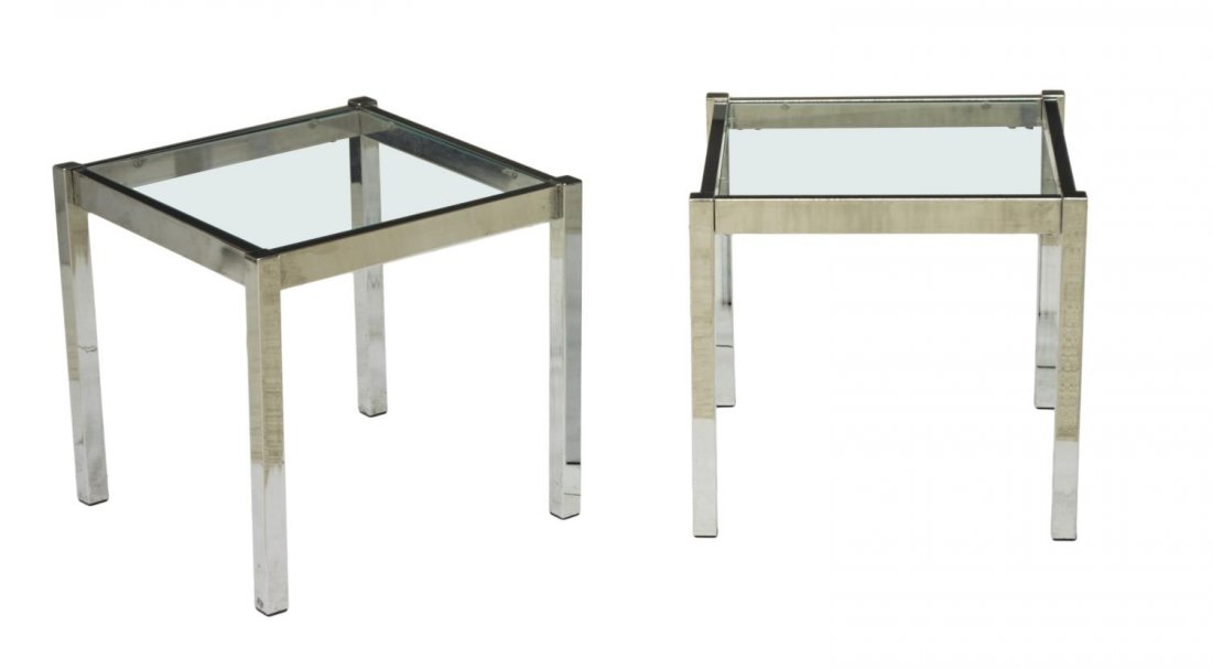 (2) MODERN BAUGHMAN CHROME & GLASS SIDE TABLES: (pair) Modern chrome side tables, in the style of Milo Baughman, 20th c., each having a glass insert top over chrome frame with squared legs, 15"h, 16"w, 16"d *Provenance: The estate of Ferris and Jea