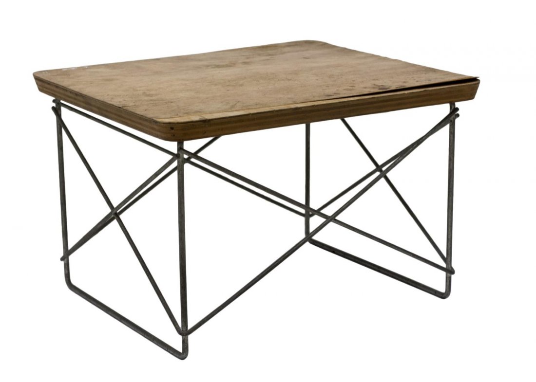 CHARLES EAMES FOR HERMAN MILLER LTR TABLE, 1960S: Birch "LTR" side table, design by Charles Eames for Herman Miller, c. 1960s, the rectangular top over thin rod base, staining and peeling to birch veneer, 10"h, 15.5"w, 13.25"d *Provenance: The estate