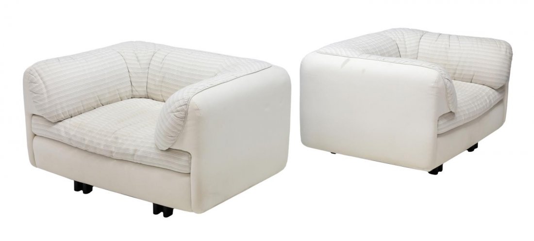 (2)ITALIAN DESIGN ARFLEX UPHOLSTERED SQUARE CHAIRS: (pair) Italian design upholstered square chairs, by Arflex, 20th c., having a square shape with singular form back and armrests, striped and cream upholstery, rising on black tube legs, 24"h, 43"w, 35