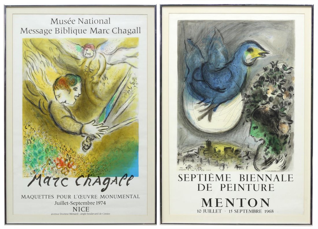 (2) FRAMED MARC CHAGALL ART EXHIBITION POSTERS: (lot of 2) Framed Marc Chagall art exhibition poster prints, comprising: (1) Septieme Biennale de Peinture, Menton 10 Julliet - 15 Septembre 1968, overall: 32.5"h, 22.5"w; (1) Musee National Message B