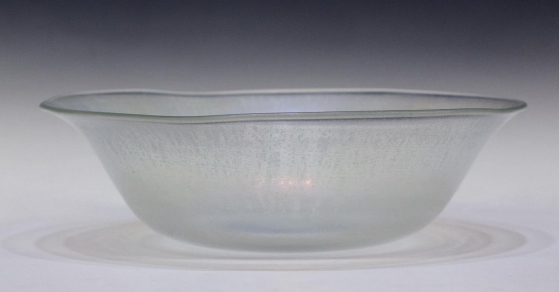 BAROVIER & TOSO MURANO ITALY ART GLASS CENTER BOWL: Italian Murano iridescent art glass center bowl, Barovier and Toso, circular form having polished pontil, signed underfoot as pictured, 3.5"h, 11.5"diam, 2.5lbs *Provenance: The estate of Ferris and J