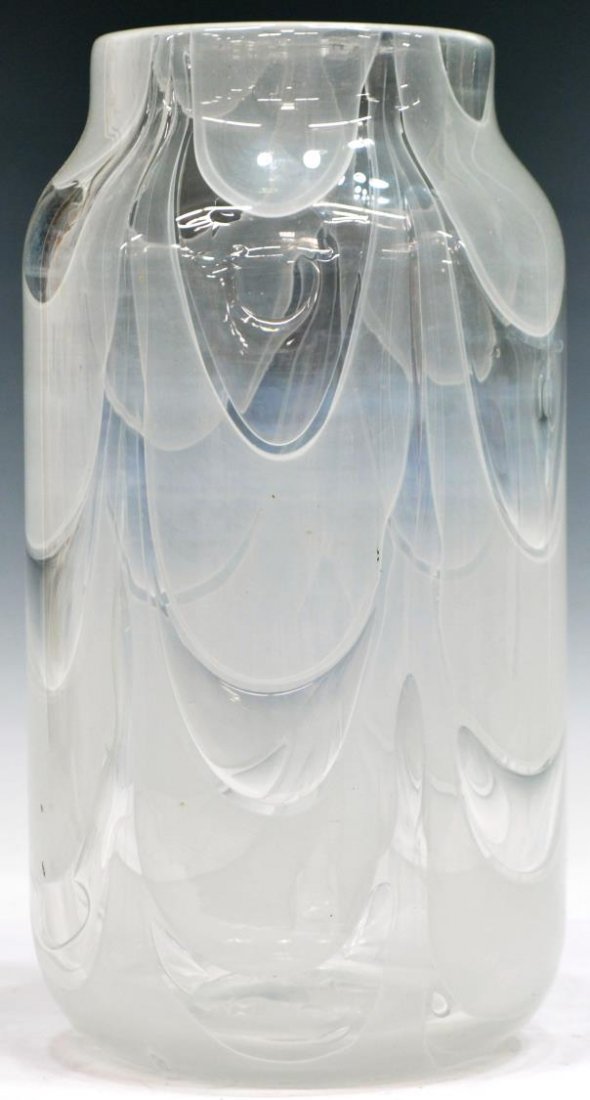 BAROVIER & TOSO ITALIAN MURANO ART GLASS VASE: Italian Murano art glass vase, Barovier and Toso, colorless cylindrical form with frosted drape pattern and shaped air bubble accents, 10.75"h, 4lbs *Provenance: The estate of Ferris and Jeanette Nass