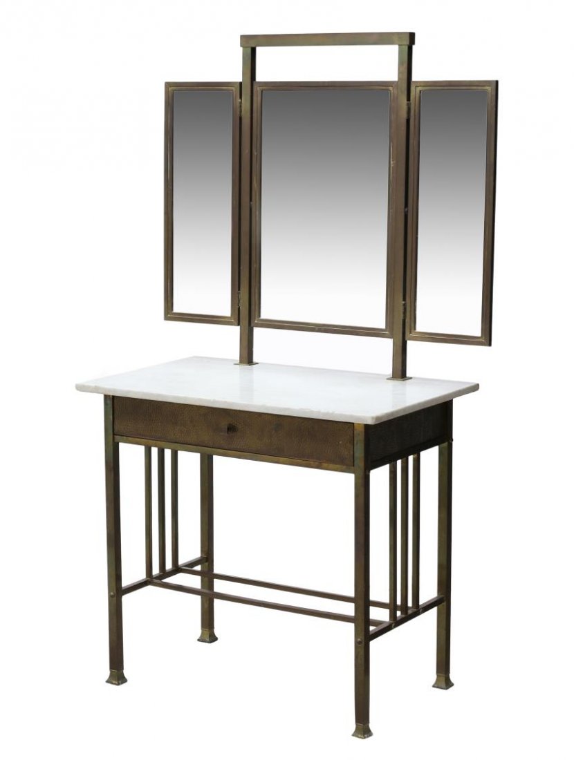 VINTAGE HAMMERED BRASS & MARBLE MIRRORED VANITY: Vintage hammered brass and marble top vanity, having a triptych beveled mirror above the variegated white marble top, over single drawer, rising on squared legs with joined support, 60.5"h, 36"w, 19.7