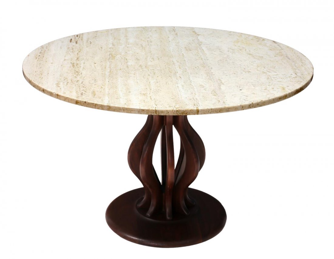 BROWN & SALTMAN TRAVERTINE & WALNUT CENTER TABLE: Mid-Century modern center table, Brown & Saltman, the circular travertine to on a shaped walnut base and circular pedestal foot, retaining partial tag, approx 26.5"h, 42"diam Start Price: $200.00